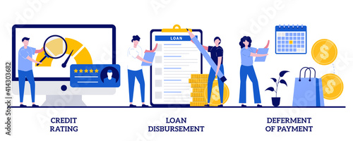 Credit rating, loan disbursement, deferment of payment concept with tiny people. Bank service vector illustration set. Risk evaluation, student loan, payment terms, financial hardship metaphor