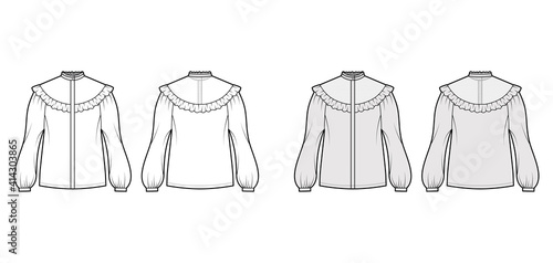 Prairie blouse technical fashion illustration with bouffant long sleeves, stand collar, ruffle yoke, cuff, hide button up. Flat apparel top template front, back, white grey color. Women men CAD mockup
