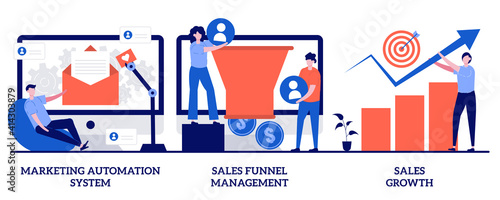 Marketing automation system, sales funnel management, sales growth concept with tiny people. Marketing software abstract vector illustration set. CRM system, lead conversion, client database metaphor