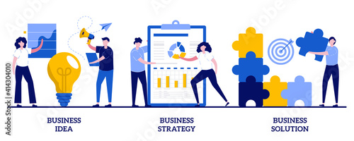 Business idea, strategy and solution concept with tiny people. Business plan abstract vector illustration set. Company achievement, problem solving, decision making, effective performance metaphor