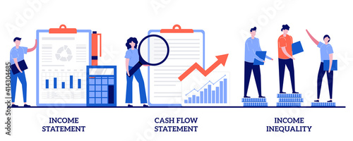 Income and cash flow statement, income inequality concept with tiny people. Balance sheet abstract vector illustration set. Financial plan and report, company debt, accountancy service metaphor
