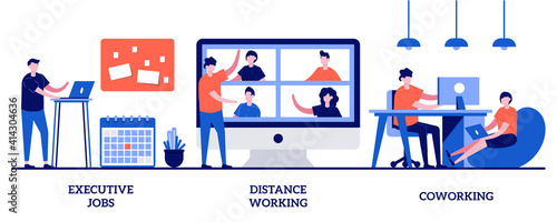 Executive jobs, distance working, coworking concept with tiny people. Job opportunity abstract vector illustration set. Professional growth, online team meeting, shared office space metaphor