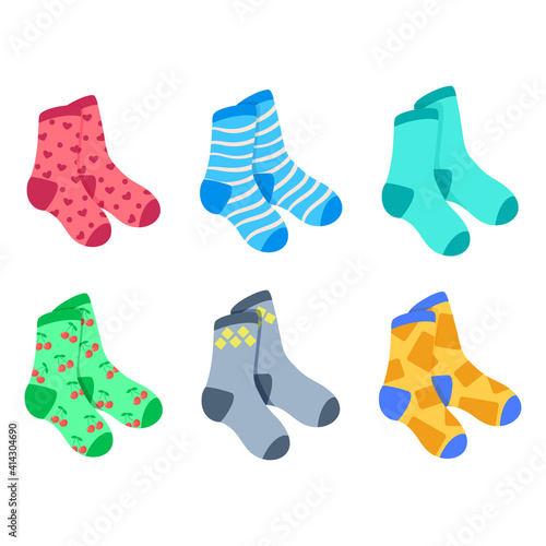 Vector set of colored bright pairs of socks. Socks with different patterns. White isolated background