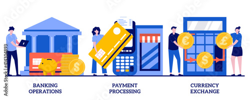 Banking operations, payment processing, currency exchange concept with tiny people. Financial services abstract vector illustration set. Check account, manage deposit, forex broker, cash money