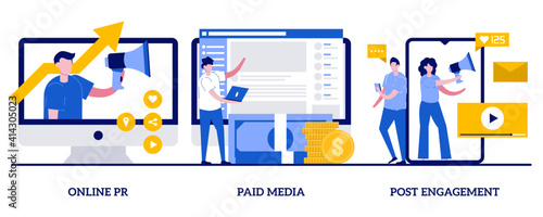 Online PR, paid media, post engagement concept with tiny people. Digital PR service abstract vector illustration set. Copywriting, corporate communication, follower interaction, public relations