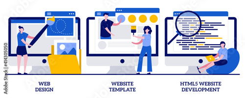 Web design, website template, HTML5 development concept with tiny people. Website building service abstract vector illustration set. Landing page, interface, user experience, constructor platform
