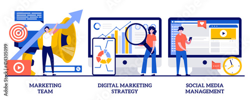Marketing team, digital marketing strategy, social media management concept with tiny people. Campaign strategy development abstract vector illustration set. SMM, brand insight, online channels