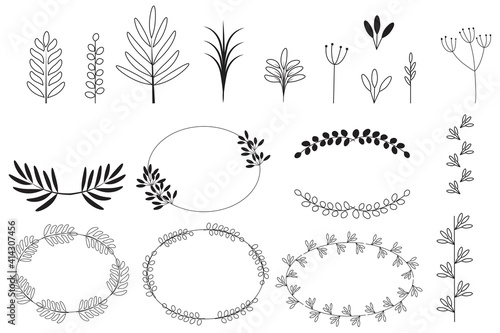 Line art wreaths set. Nature background vector. Modern floral pattern. Hand drawn sketch. Vector icon. Stock image. EPS 10.