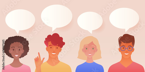 Friend group discussion concept. Male and Female cartoon characters chatting and exchanging information with speech bubbles floating over them. People talk. Flat vector illustration.