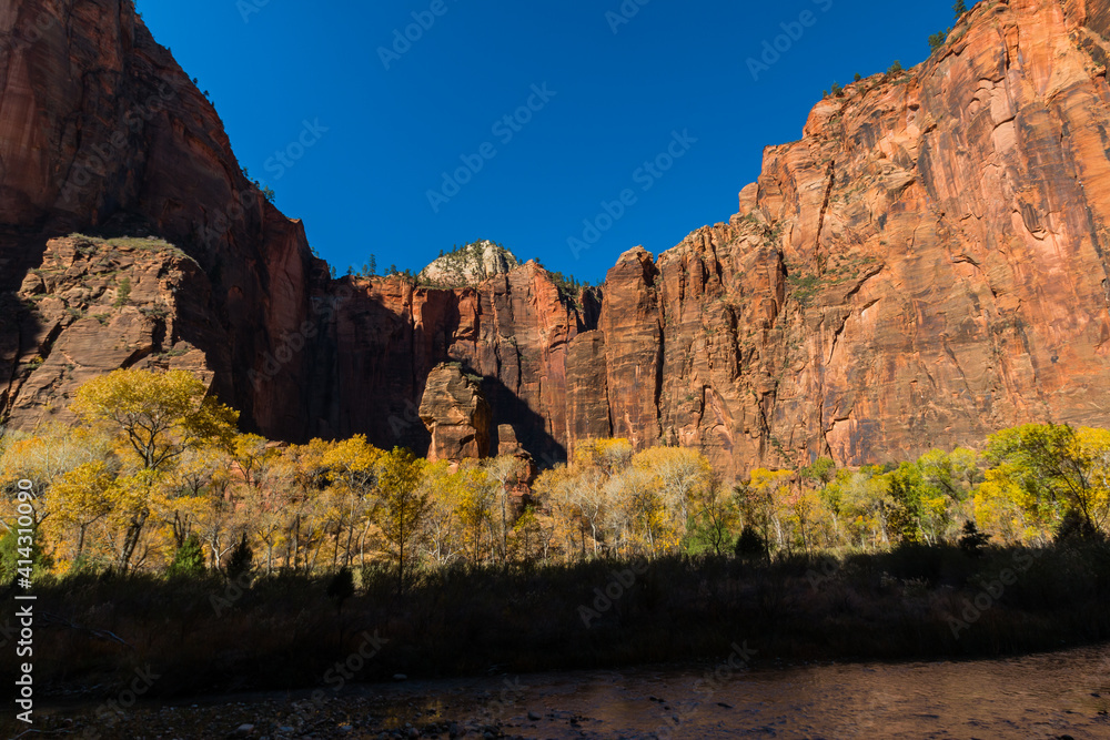 The Virgin River Flowing Past The Pulpit In The Temple of Sinawava, Zion National Park, Utah, USA