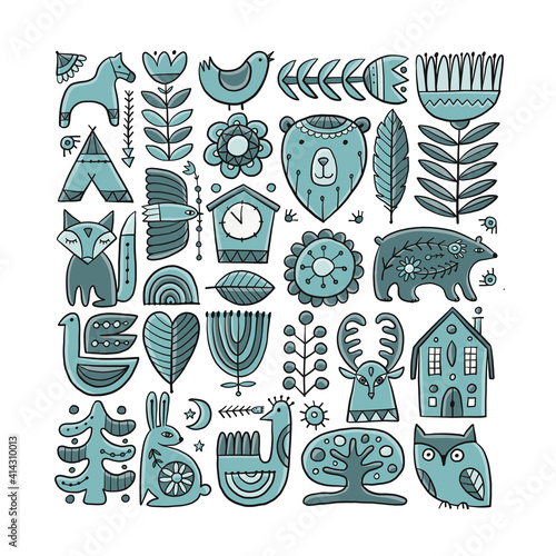Card Design with Nordic Ornament. Forest Animals, Folk Background