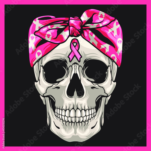 Breast cancer awareness ribbon detail in a skull illustration.