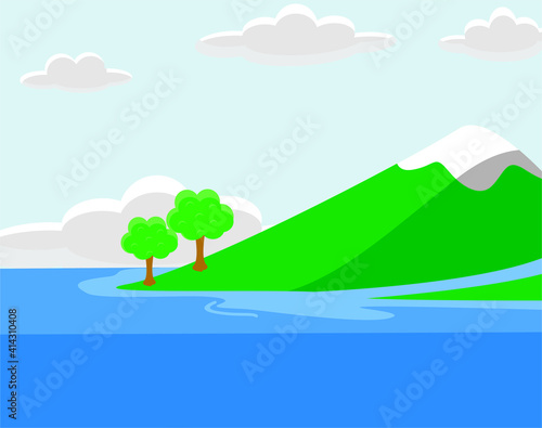landscape with mountains and blue sky. Vector illustration of mountain and sea views  for background and water cycle