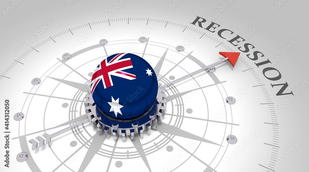 Business concept. Abstract compass points to the recession word. Flag of Australia. 3D rendering Business concept. Abstract compass points to the recession word. Flag of Australia. 3D rendering