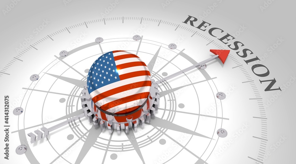 Business concept. Abstract compass points to the recession word. Flag of USA. 3D rendering Business concept. Abstract compass points to the recession word. Flag of USA. 3D rendering