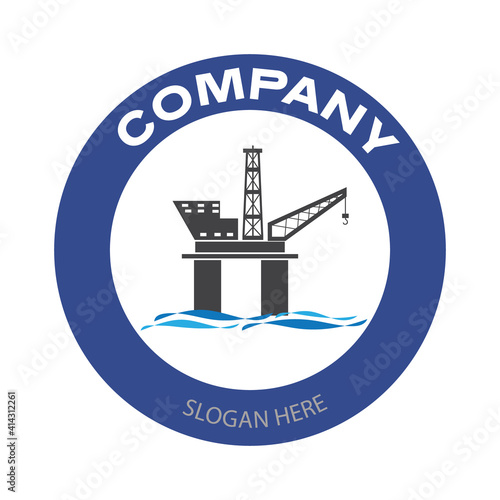 Drilling rig company logo. Offshore oil platform badge in circle. Oil and gas industry vector illustration design
