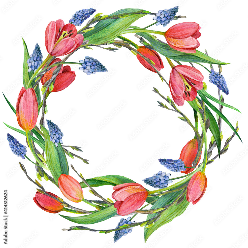 Spring flowers and branches wreath, watercolor illustration. Round frame of tulips with mimosa and pussy willow branches in yellow, red and green. template for greeting cards, wedding invitations Spring flowers and branches wreath, watercolor illustration. Round frame of tulips with mimosa and pussy willow branches in yellow, red and green. template for greeting cards, wedding invitations