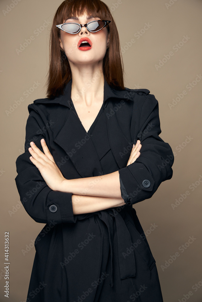 Sexy woman with her mouth open crossed her arms over her chest red lips Sexy woman with her mouth open crossed her arms over her chest red lips