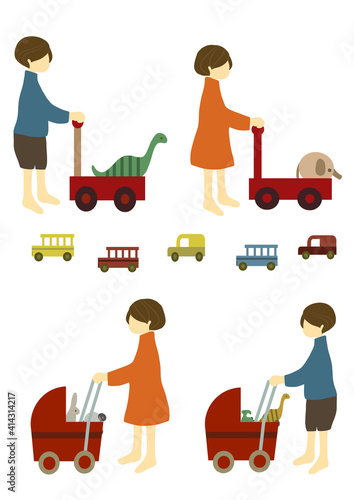 木製のおもちゃを入れた手押し車を押す子供とおもちゃのセット（楽しい雰囲気の子供部屋やステイホーム、プレゼント、幼児教育に）