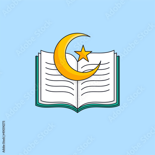 Opened Quran holy book with islamic symbol illustration for muslim education foundation logo template vector design