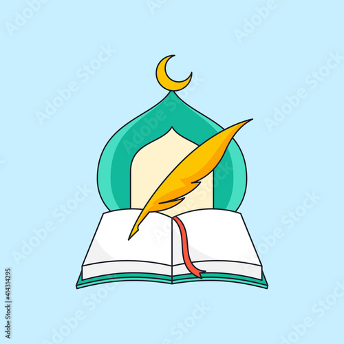 Opened book and quill pen with mosque islamic symbol illustration for muslim read and write school education foundation logo template vector design