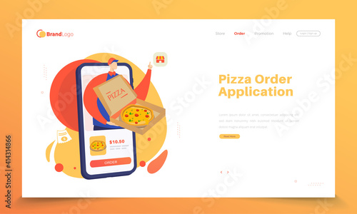 Online pizza order app illustration on landing page template