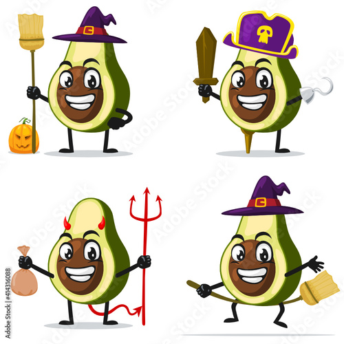 vector illustration of avocado mascot or character collection set with love or halloween theme