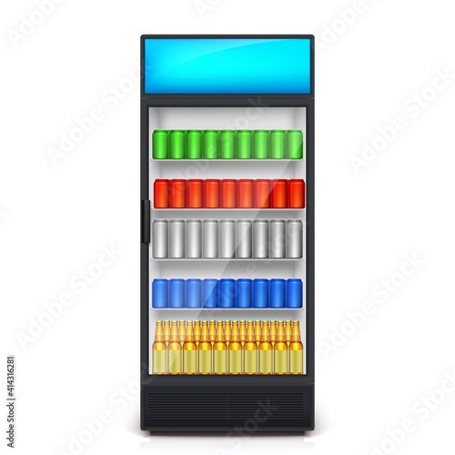 Vending machine. Cans and bottles with blank labels on the shelves. Vector 3d illustration isolated on white.