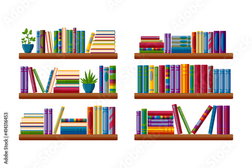 Shelves with books and plants. Literature for reading in various shelves in cartoon style. Vector illustration isolated on white background