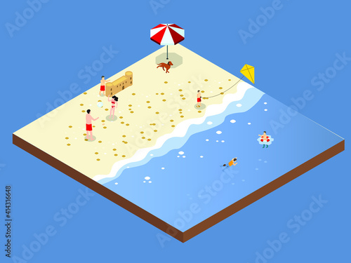 Family playing at beach isometric 3d vector concept for banner, website, illustration, landing page, flyer, etc.