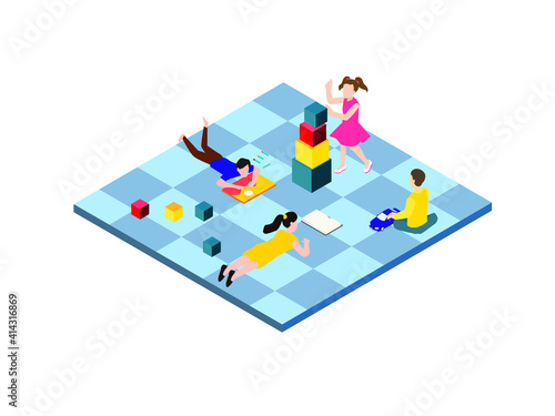 Toddler plays at school isometric 3d vector concept for banner, website, illustration, landing page, flyer, etc.