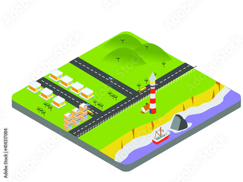 Town near coast isometric 3d vector concept for banner, website, illustration, landing page, flyer, etc.