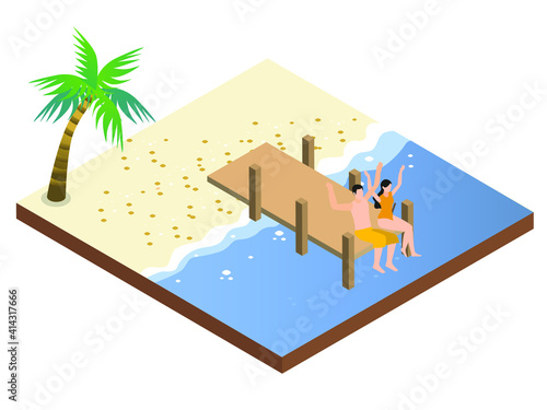 Couple having fun sitting on jetty isometric 3d vector concept for banner, website, illustration, landing page, flyer, etc.