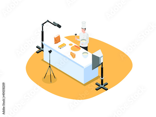 Food vlogger isometric 3d vector concept for banner, website, illustration, landing page, flyer, etc.