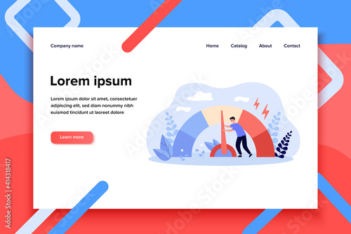 Tiny tired man reducing stress level flat vector illustration. Cartoon employee struggling with arrow of crisis measure. Business lifestyle and emotional overload concept