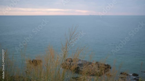 Scenery landscape of view point at Lighthouse Koh Lanta, Suratthani, Thailand. Grassflowers sway from the wind at sea with ocean background. photo