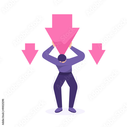 an employee or worker tries to block the down arrow. the concept of work pressure, going bankrupt, trying to get up, going down. flat style. business vector. design elements