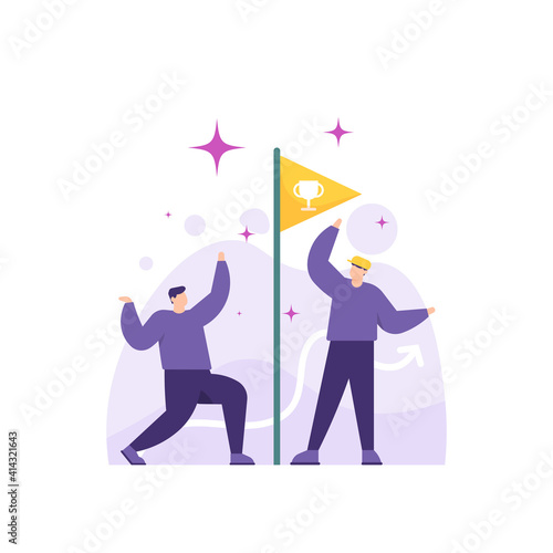 a concept of teamwork, victory, success, achieving goals. illustration of a men's team, group or partner, champion flag. symbol of the flag of success. flat style. vector design element © Papcut design 