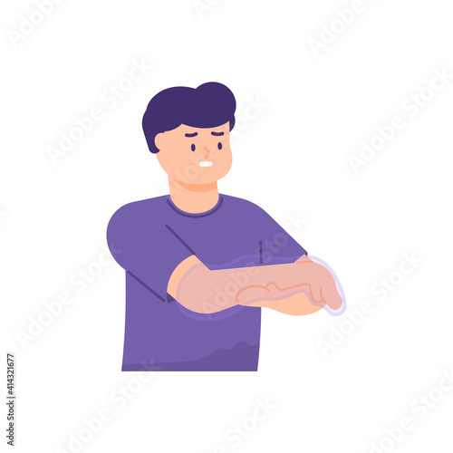a man holds his hand because he feels tingling or paresthesia, weakness, numbness, like being pricked by a needle. the expressions on people's faces. flat style. vector design element