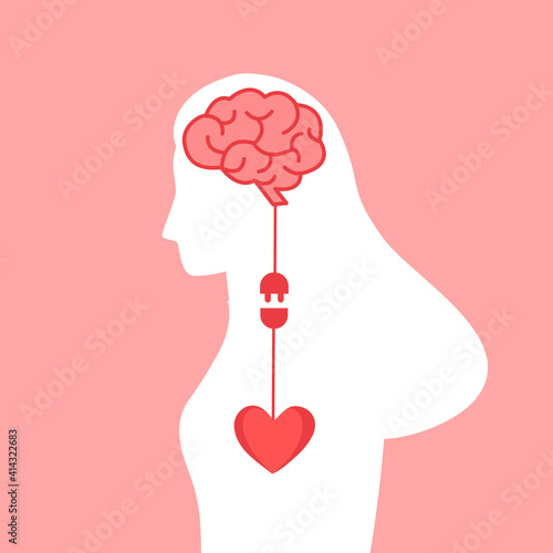 Silhouette of woman head with brain and heart electric plug connection interaction in flat design. Connection between logic and emotion idea vector illustration.