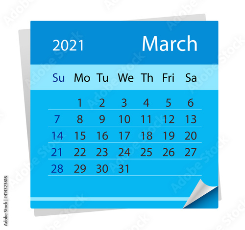 Calendar sheet on month of March 2021. Vector Illustration. The week starts on Sunday. in English language.