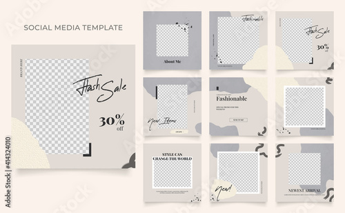 social media template banner blog fashion sale promotion. fully editable instagram and facebook square post frame puzzle organic sale poster. grey brown beige vector background