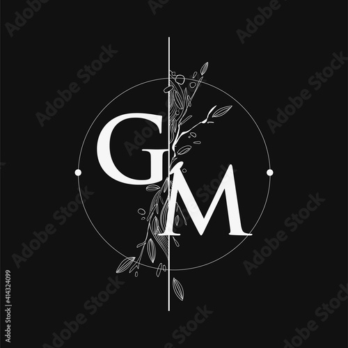 Letter GM Initial Logo with Hand Draw Floral, Initial Wedding Font Logo with Circle and Flowers.