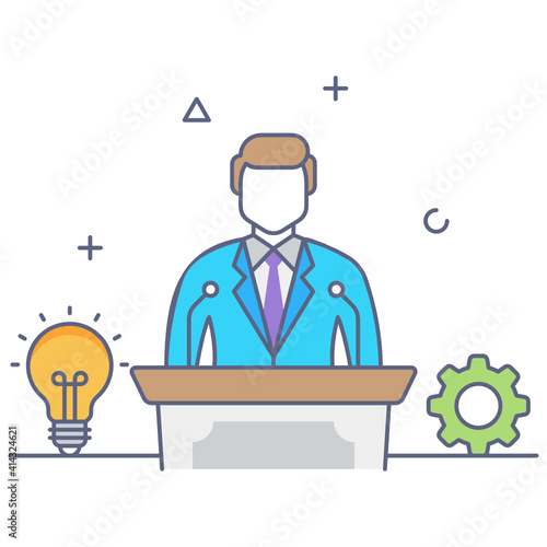 
A person on rostrum representing him as a public speaker, flat line concept icon
