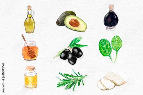 Watercolor food ingredients vector hand drawn collection