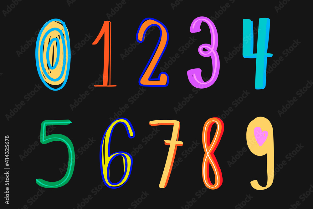 Numbers vector colorful doodle typography set
