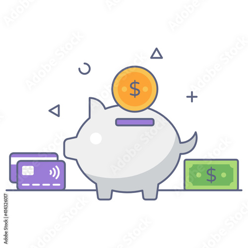 
Piggy bank in flat outline style, savings or accumulation of money 
