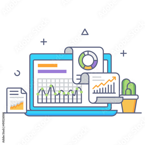 

Online graph report denoting statistics of a company, flat outline vector
