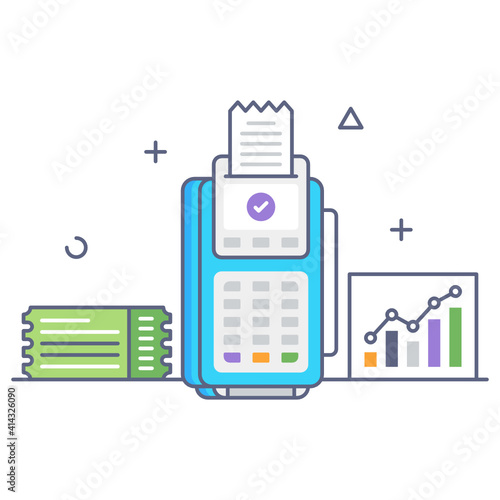 
Cash till with receipt, point of sale machine icon in flat outline design 
