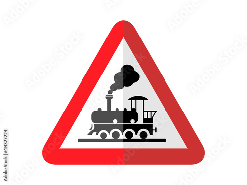 isolated rail road train crossing sign   ahead on white and red stork line round triangle paperwork vector design